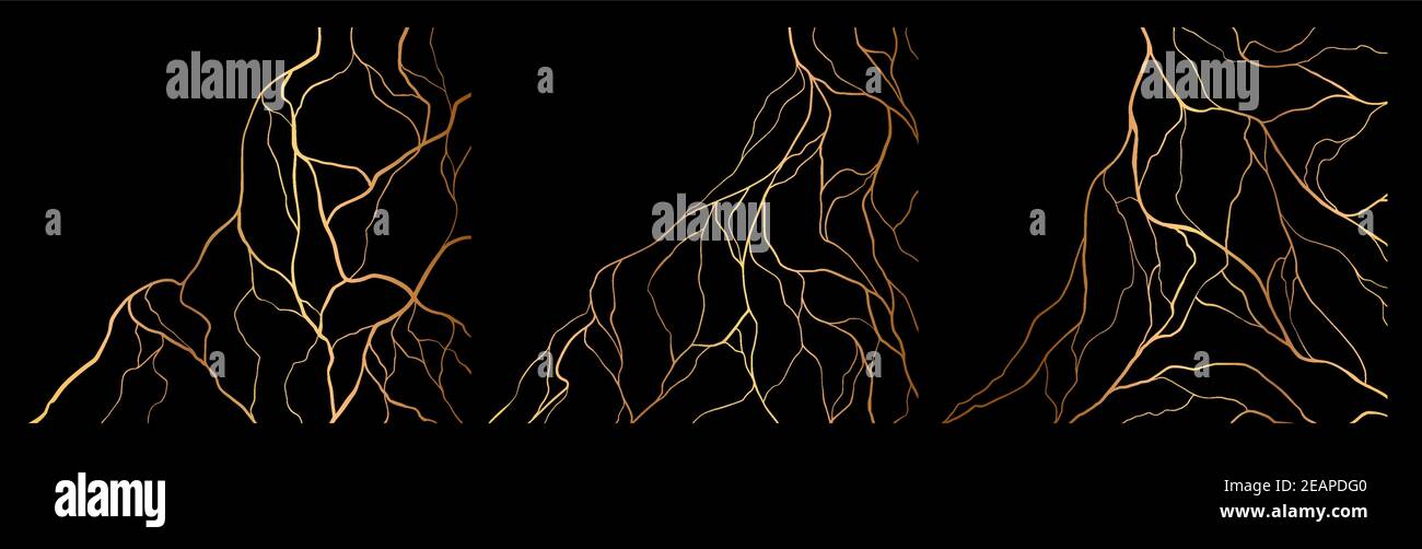 Golden kintsugi Risse setzen isoliert auf schwarz. Abstrakte handgezeichnete dekorative Elemente Kollektion. Stock Vektor
