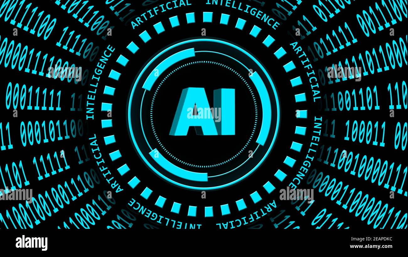 AI - Abstract Künstliche Intelligenz Hintergrund - Binärcode angeordnet In Zylinderform - Beschriftung um und in der Mitte des HUD Elemente - Cyber-Technologie und Automatisierung Stockfoto