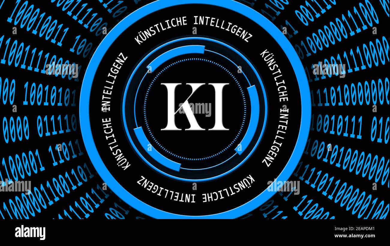 AI - abstrakte Künstliche Intelligenz (KI - Künstliche Intelligenz) Hintergrund in blau - Binärcode in Zylinderform angeordnet - White letterimg rund um HUD-Elemente - Cyber-Technologie und Automatisierung Stockfoto