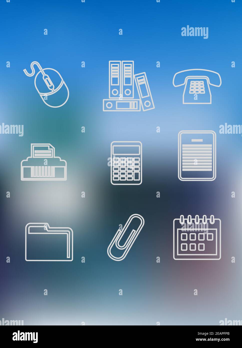 Symbole für Büro- und Geschäftsübersicht mit Computermaus, Ordner, Telefon, Drucker, Rechner, Zwischenablage, Tablet, Datei, Ordnern und Kalender Stock Vektor