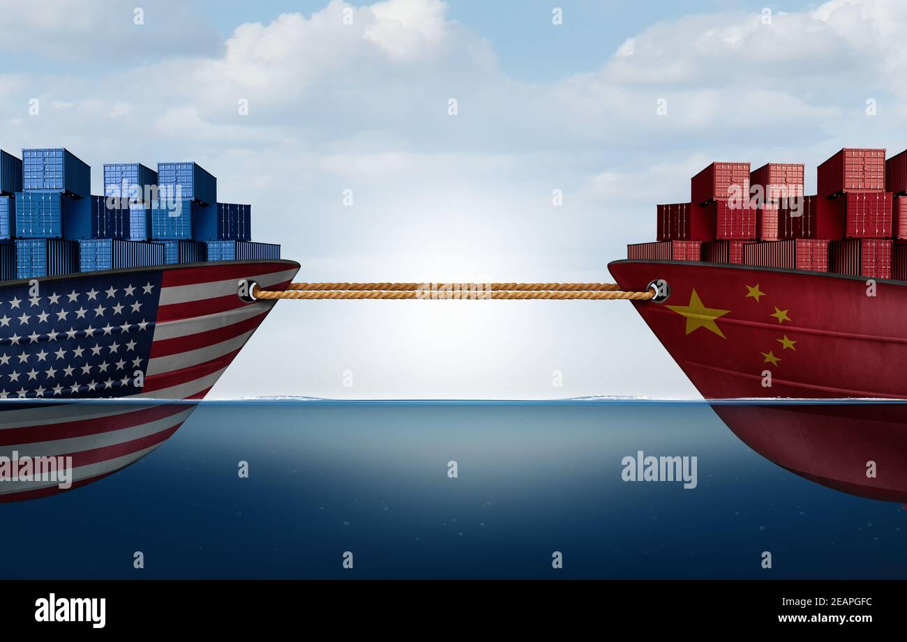 China Vereinigte Staaten Schlepper des Krieges Handelskampf und amerikanische Zölle als zwei miteinander verbundene gegenüberliegende Frachtschiffe zusammen mit Seil als eine wirtschaftliche gebunden. Stockfoto