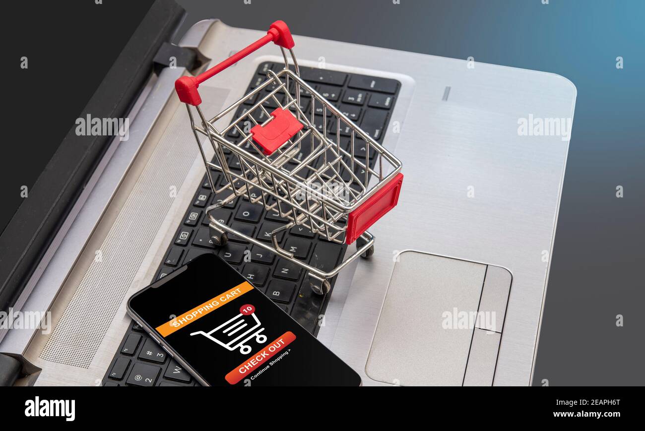 Sicheres Checkout-Konzept mit Einkaufswagen auf Laptop-Schlüsseln. Stockfoto