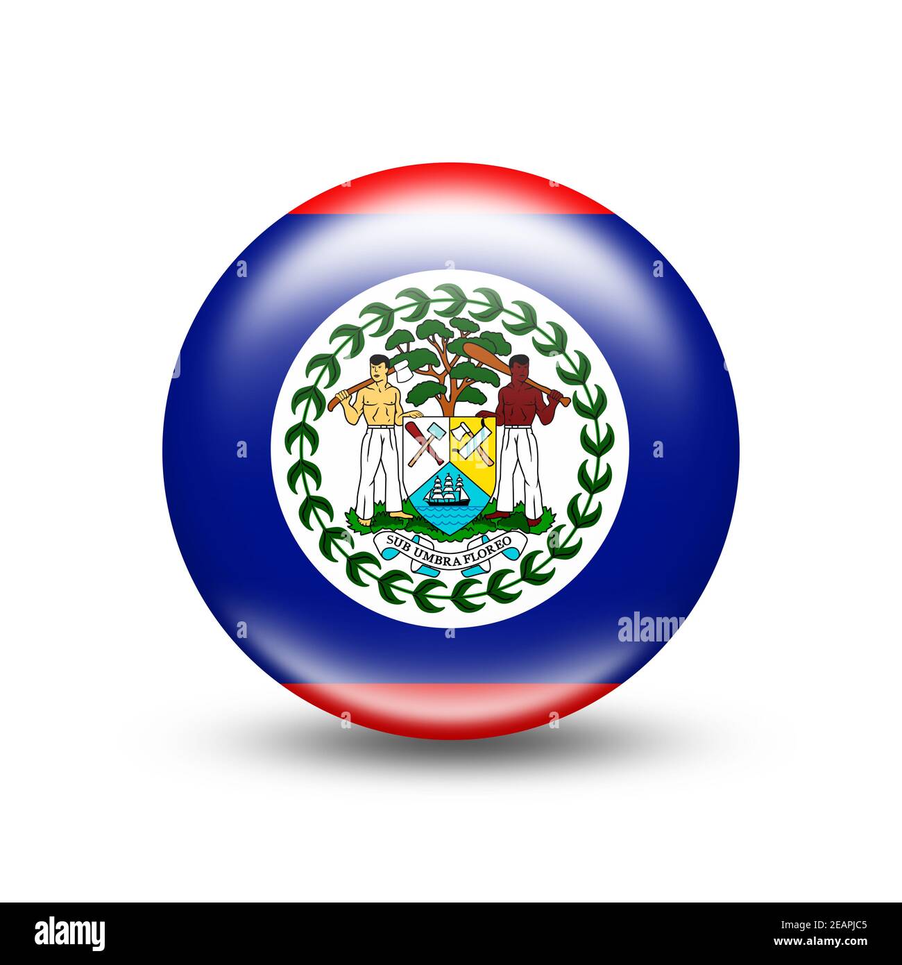 Belize-Landesflagge in Kugel mit weißem Schatten Stockfoto