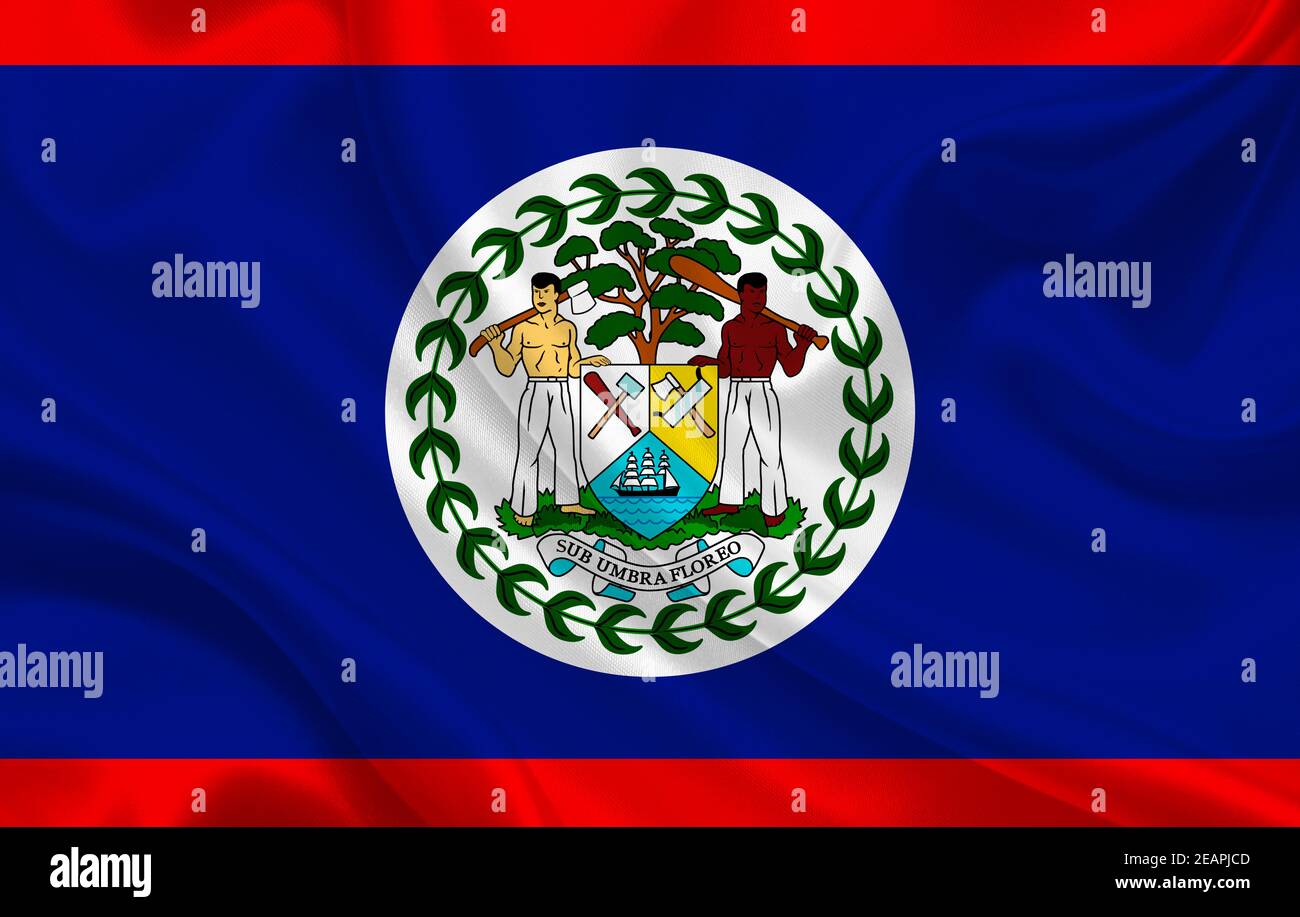 Belize Land Flagge auf gewelltem Seidenstoff Hintergrund Panorama Stockfoto