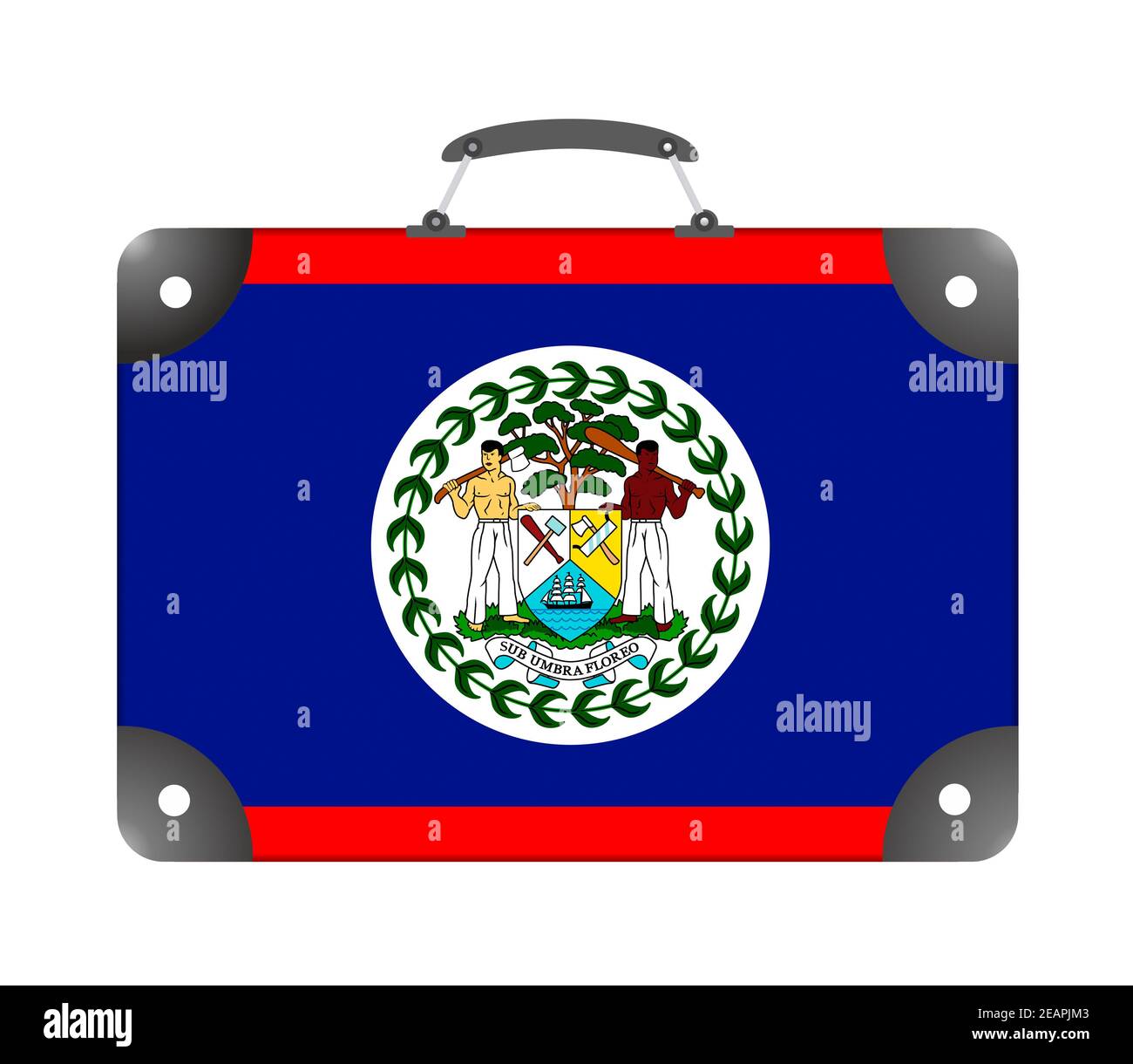 Belize-Landesflagge in Form eines Reisekoffers Auf weißem Hintergrund Stockfoto