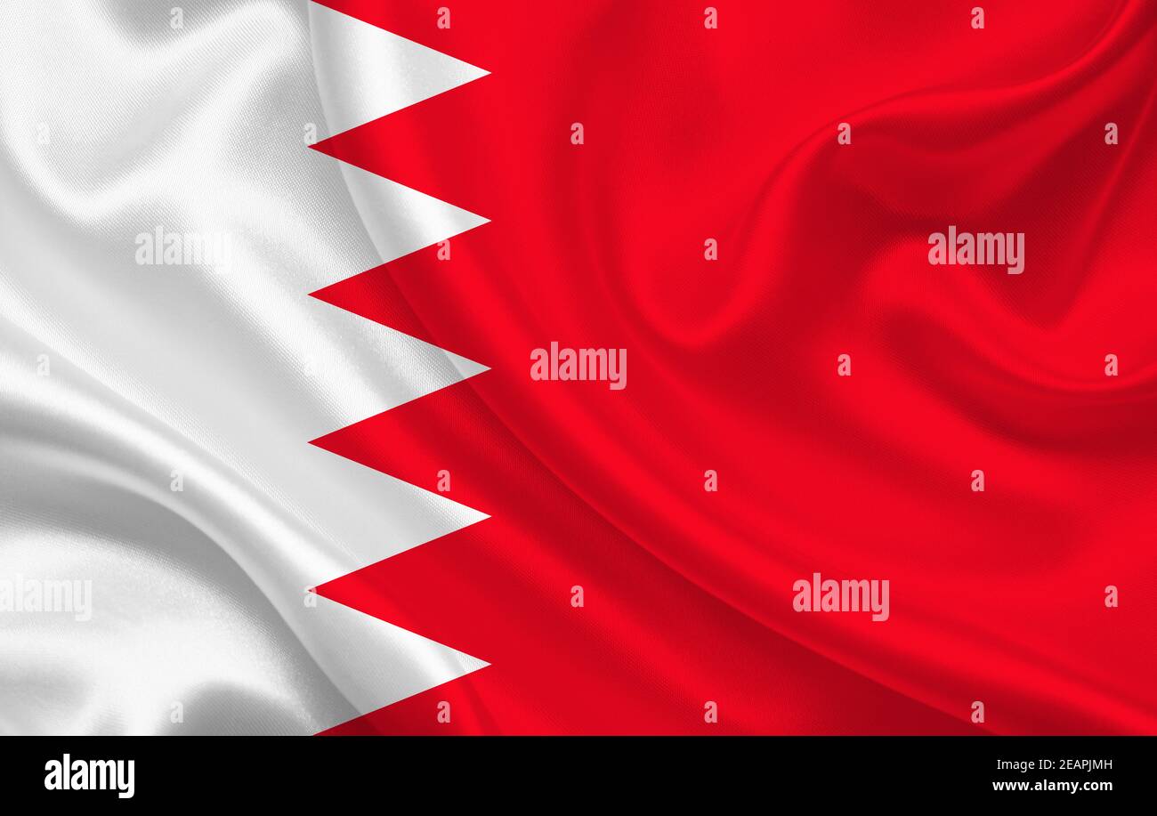 Bahrain Landesflagge auf gewelltem Seidenstoff Hintergrund Panorama Stockfoto