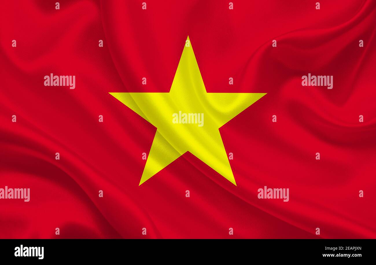 Flagge von Vietnam Land auf gewelltem Seidenstoff Hintergrund Panorama Stockfoto