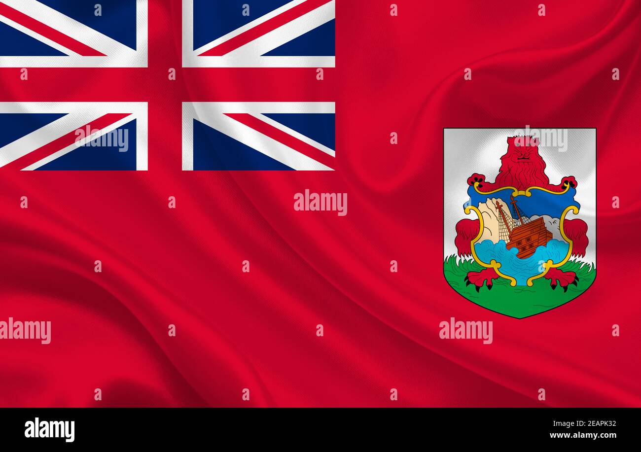 Bermuda Land Flagge auf gewelltem Seidenstoff Hintergrund Panorama Stockfoto
