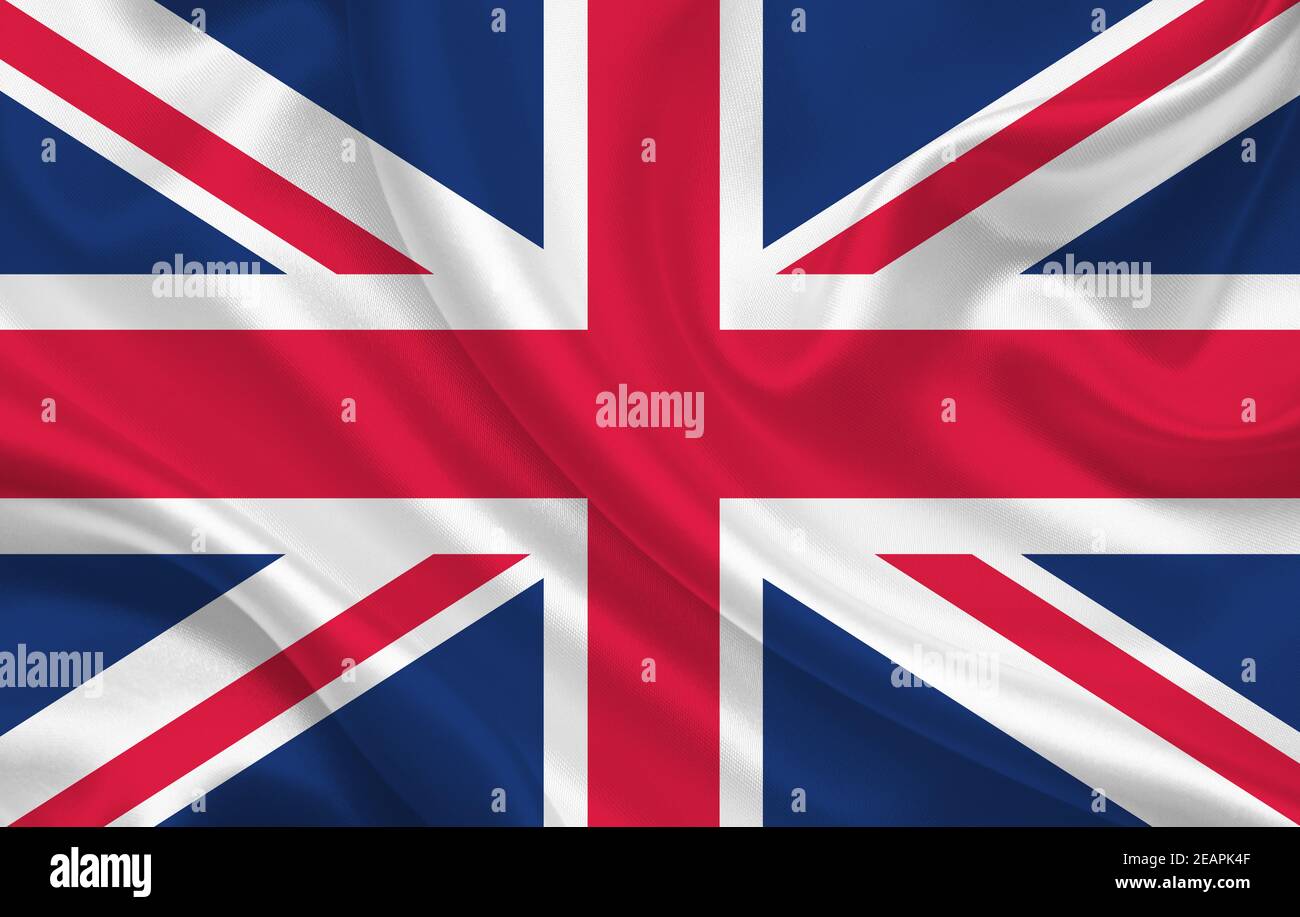 Vereinigtes Königreich Land Flagge auf gewellten Seide Stoff Hintergrund Panorama Stockfoto
