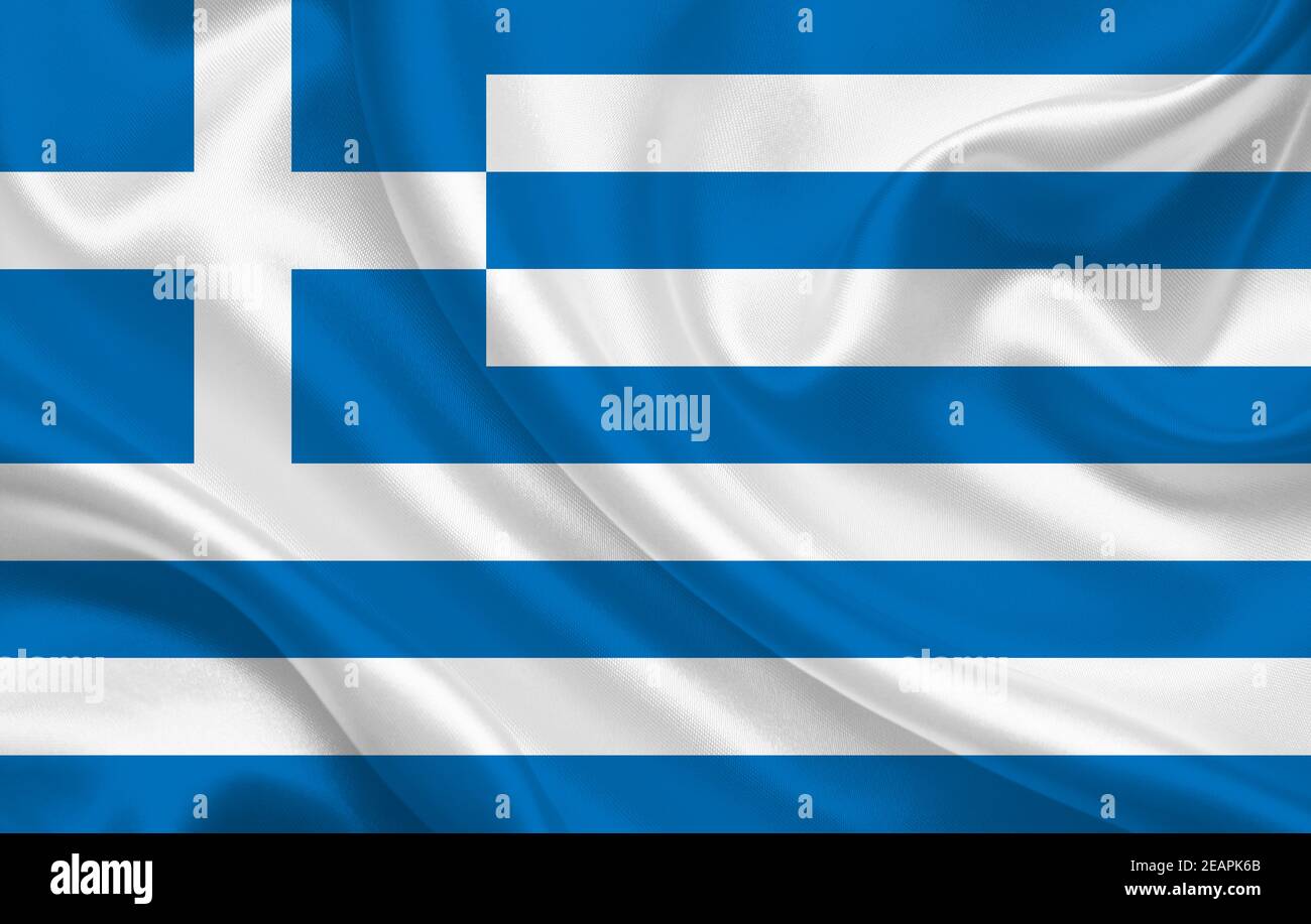 Griechenland Flagge auf gewelltem Seidenstoff Hintergrund Panorama Stockfoto