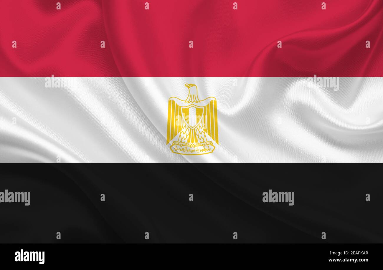 Ägypten Land Flagge auf gewellte Seide Stoff Hintergrund Panorama Stockfoto