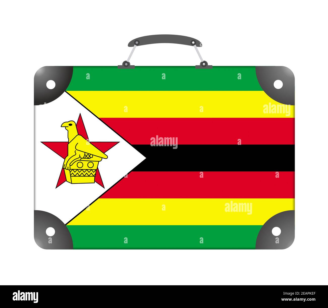 Simbabwe-Landesflagge in Form eines Reisekoffers Auf weißem Hintergrund Stockfoto