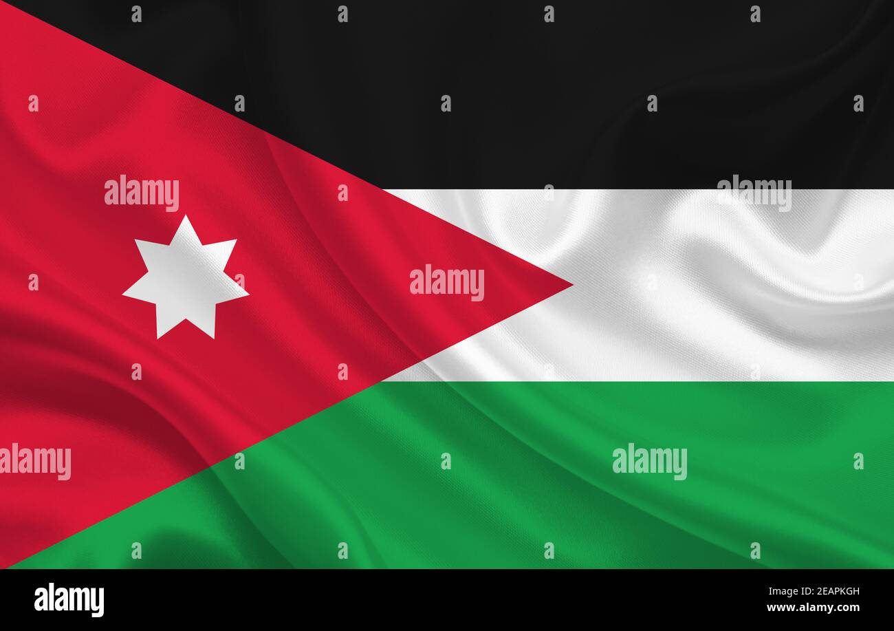 Jordan Land Flagge auf gewellte Seide Stoff Hintergrund Panorama Stockfoto