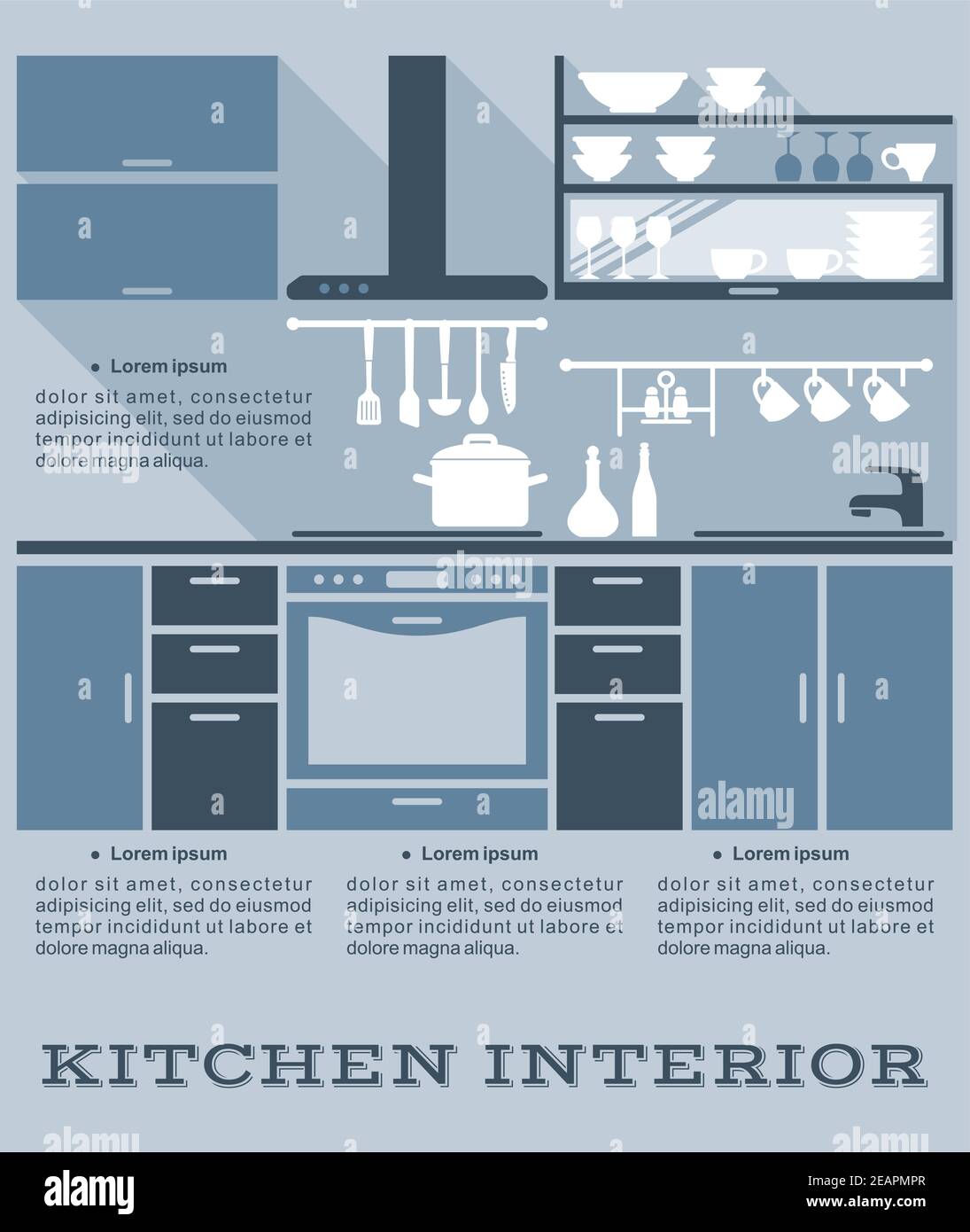 Küche Innenraum Vektor-Flat-Design in Infografik-Stil mit Schattierungen Von blau zeigt eine Einbauküche mit Einbaugeräten Und Schränke und Kitc Stock Vektor