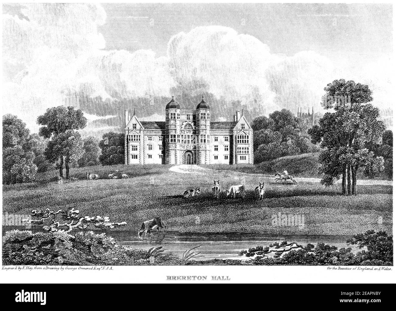 Ein Stich von Brereton Hall, Cheshire, gescannt in hoher Auflösung von einem Buch gedruckt im Jahr 1812. Für urheberrechtlich frei gehalten. Stockfoto