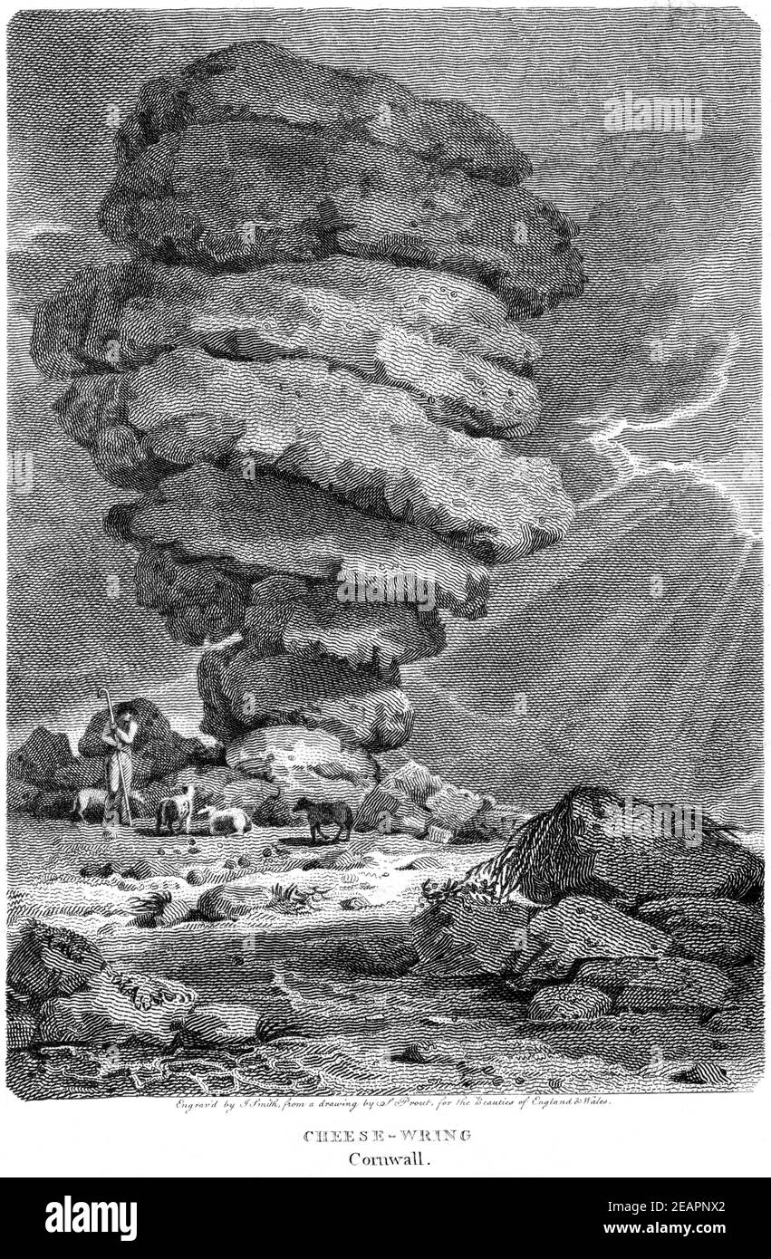 Eine Gravur des Käsewrings (Cheesewring, Stowes Hill), Cornwall, gescannt in hoher Auflösung aus einem Buch aus dem Jahr 1812. Für urheberrechtlich frei gehalten. Stockfoto