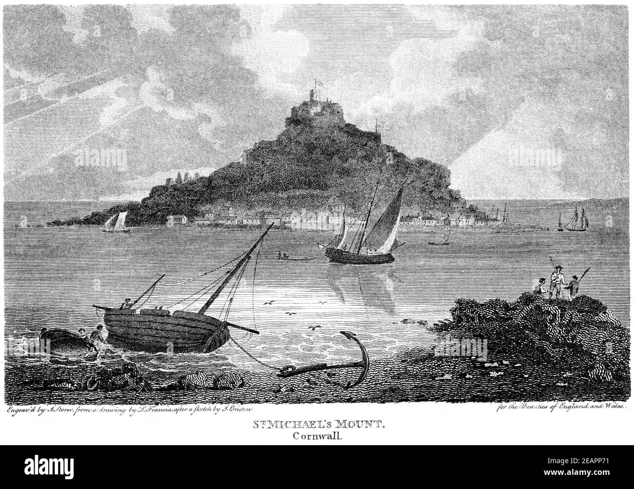 Ein Stich von St. Michael's Mount, Cornwall gescannt in hoher Auflösung aus einem Buch gedruckt im Jahr 1812. Für urheberrechtlich frei gehalten. Stockfoto