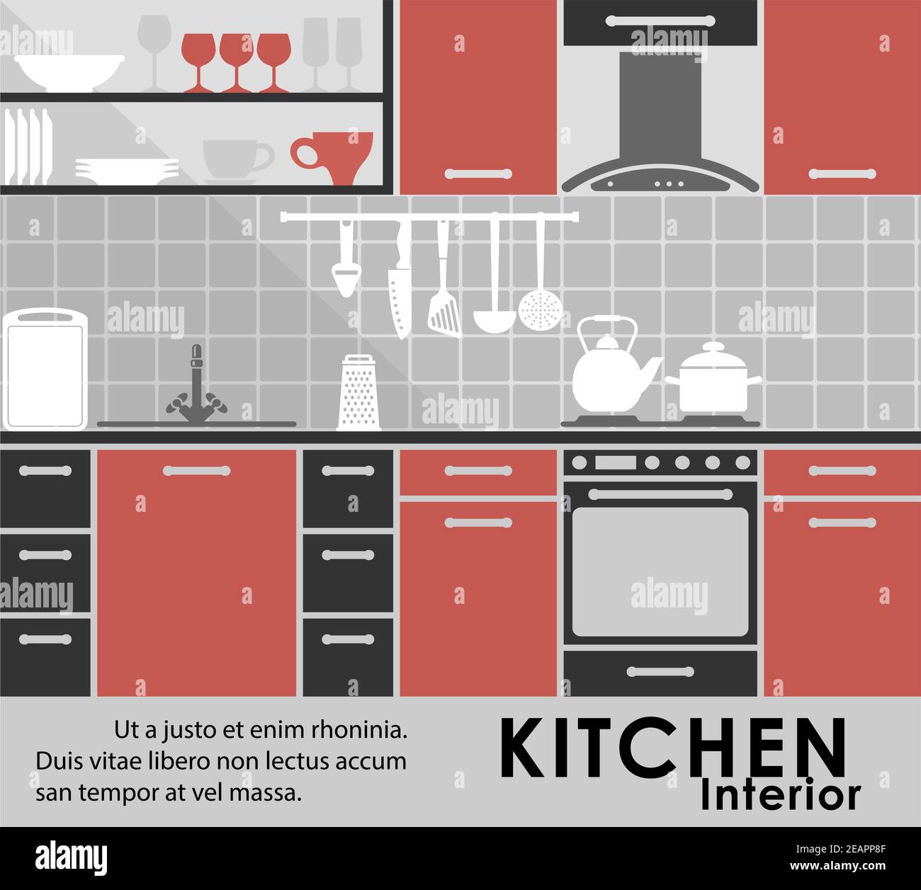 Moderne Küche im flachen Stil zeigt eine moderne Küche mit Einbaugeräten und Schränken, verschiedene Utensilien, Geschirr auf der Theke und Stock Vektor