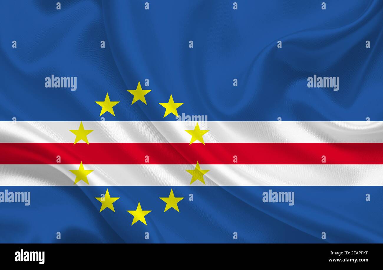 Kap Verde Landflagge auf gewelltem Seidenstoff Hintergrund Panorama Stockfoto