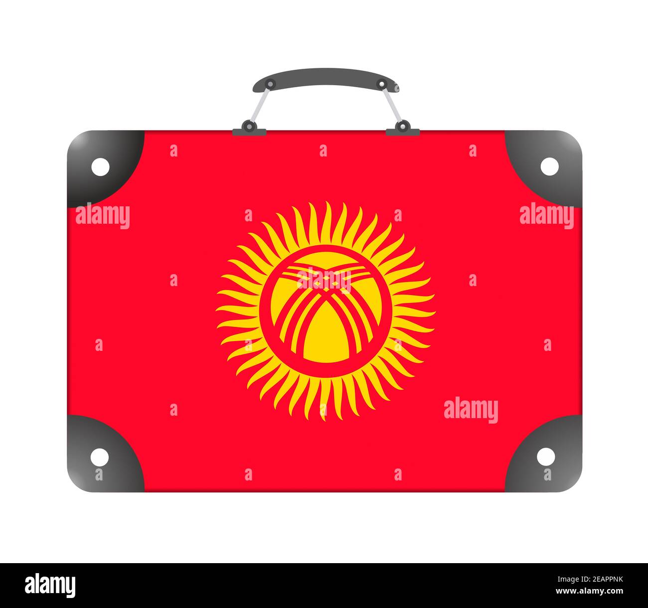 Flagge des Landes Kirgisistan in Form von Ein Reisekoffer auf weißem Hintergrund Stockfoto