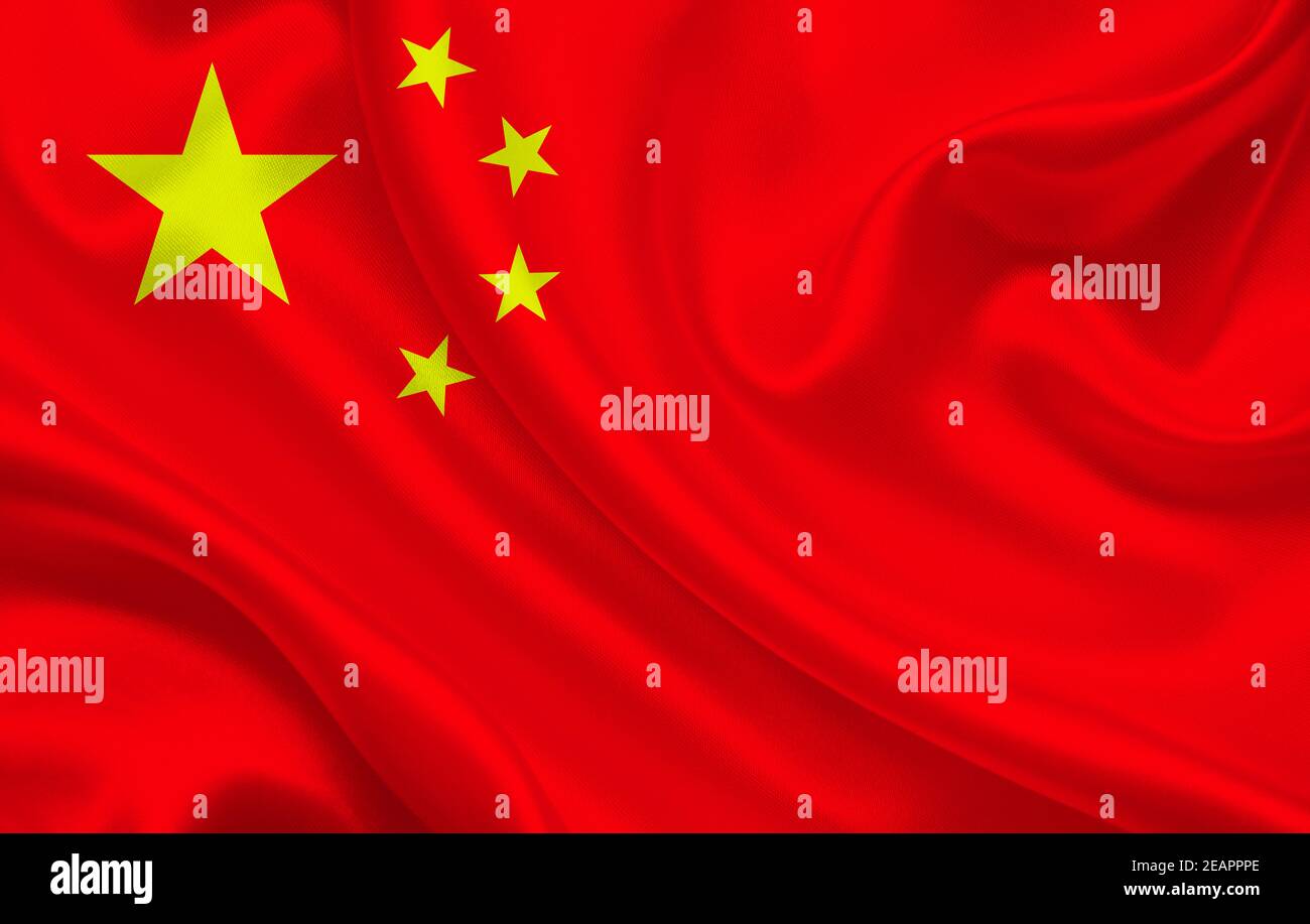Flagge von China Land auf gewelltem Seidenstoff Hintergrund Panorama Stockfoto