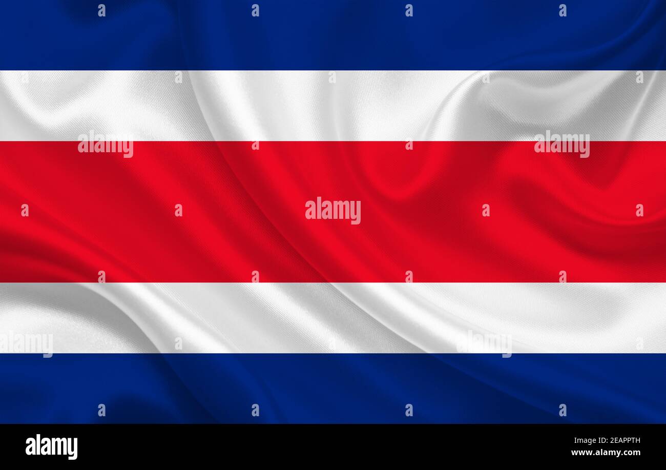 Costa Rica Land Flagge auf gewelltem Seidenstoff Hintergrund Panorama Stockfoto