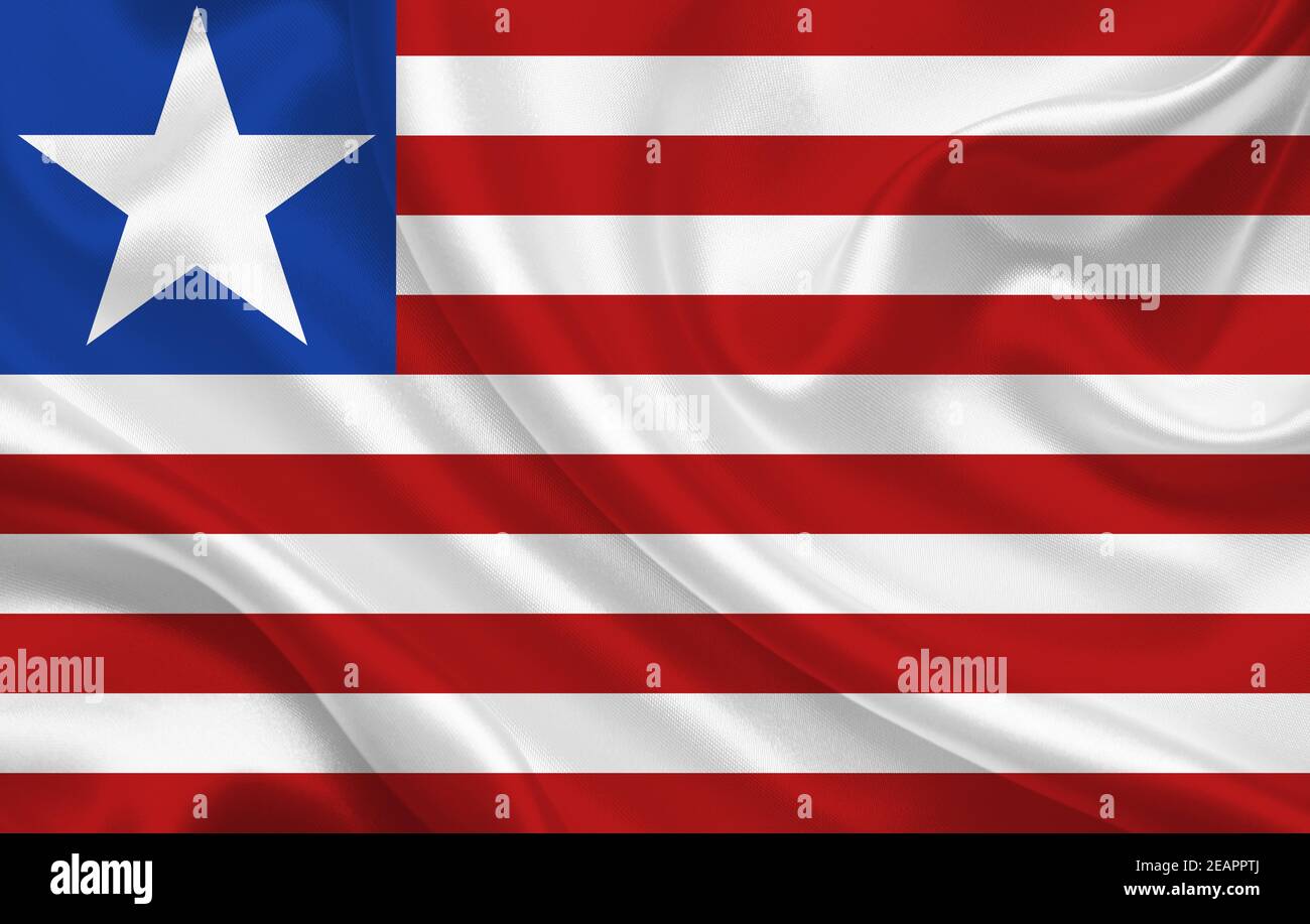 Liberia Land Flagge auf gewellten Seide Stoff Hintergrund Panorama Stockfoto