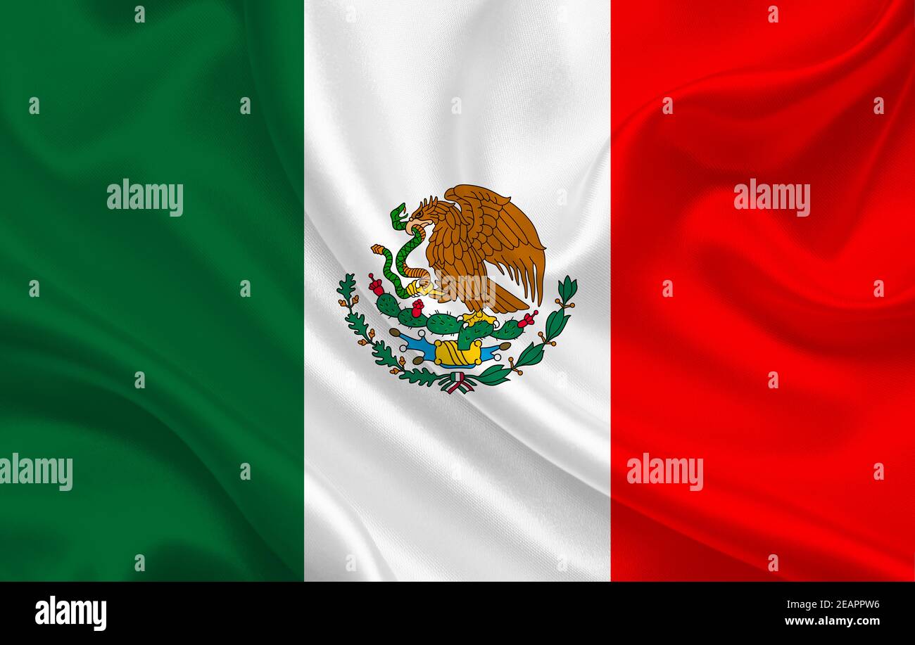 Mexiko-Land-Flagge auf gewelltem Seidenstoff Hintergrund Panorama Stockfoto
