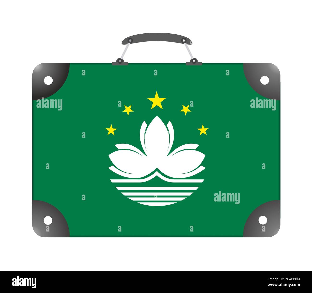 Macao-Flagge in Form eines Reisekoffers Auf weißem Hintergrund Stockfoto