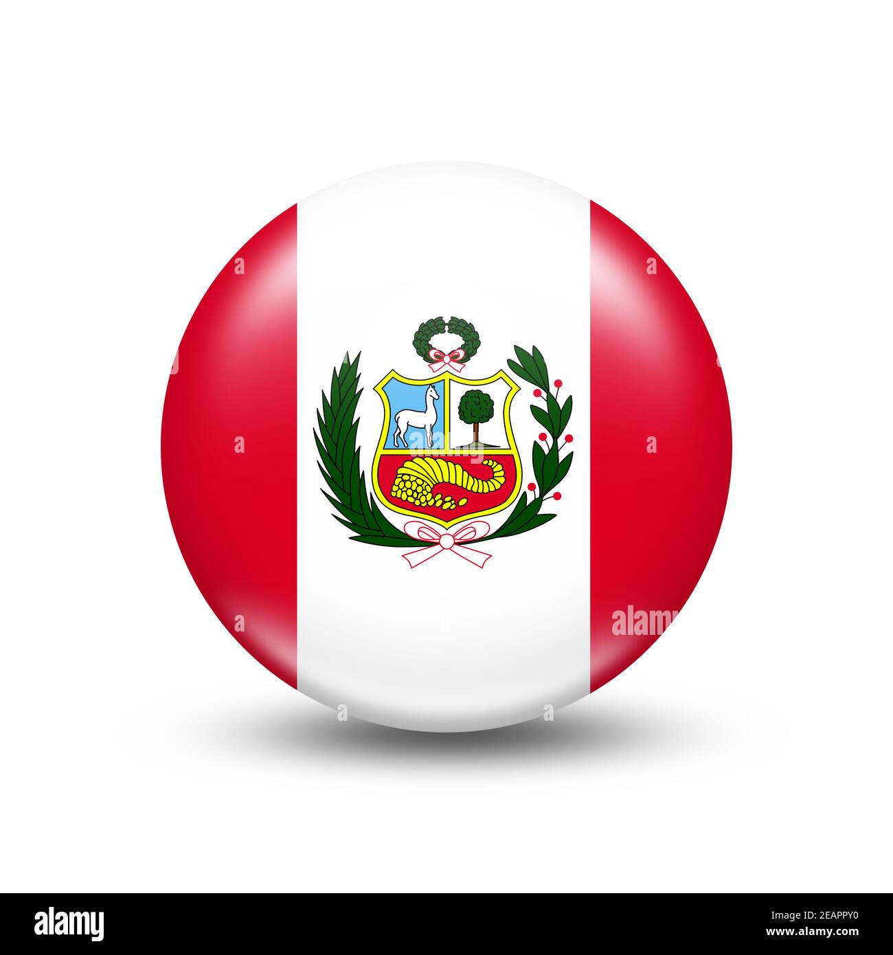 Peruanische Landesflagge in Kugel mit weißem Schatten Stockfoto