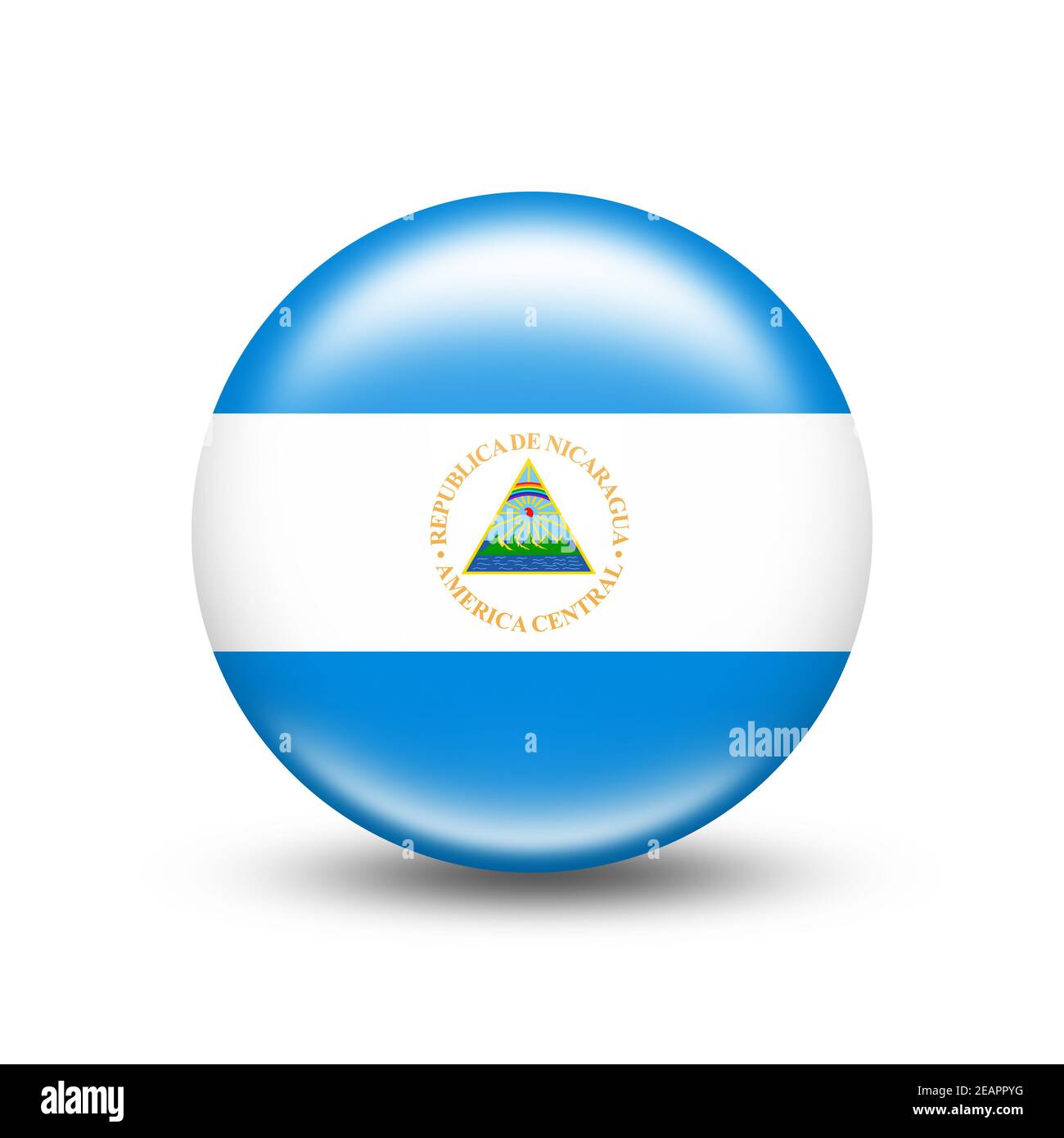 Nicaragua Land Flagge in Kugel mit weißem Schatten Stockfoto