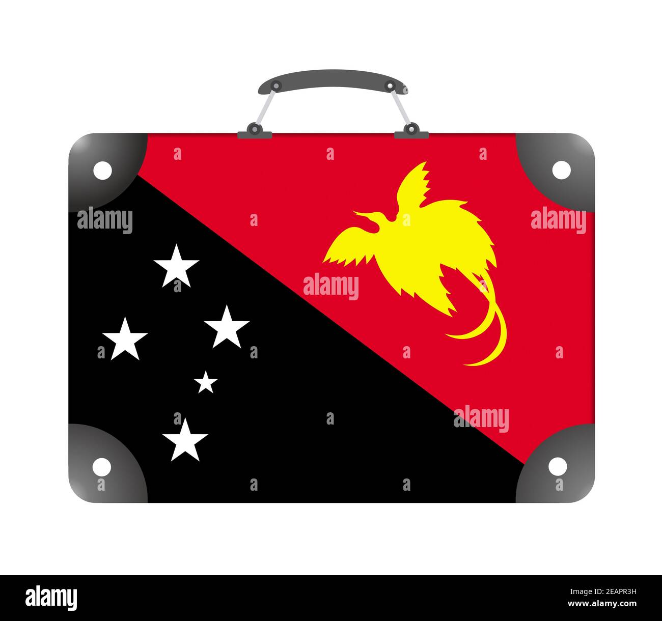 Flagge des Landes Neuguinea in Form einer Reise Koffer auf weißem Hintergrund Stockfoto