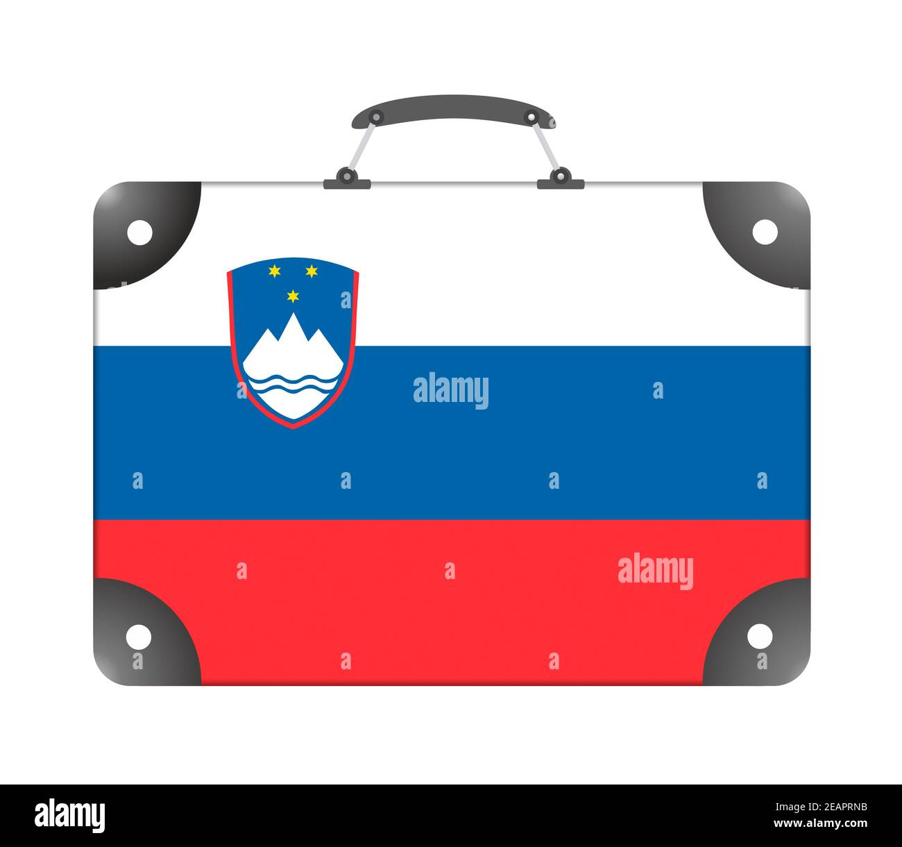 Slowenische Landesflagge in Form eines Reisekoffers Auf weißem Hintergrund Stockfoto