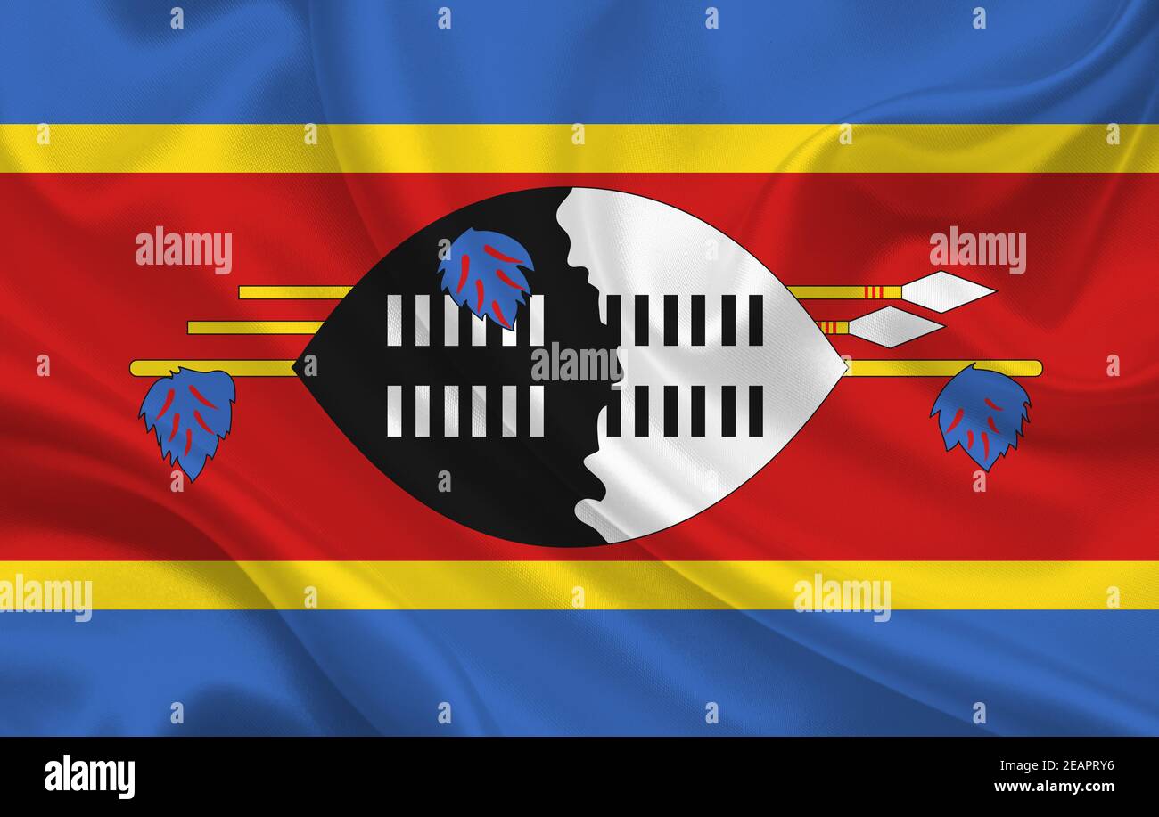 Swasiland Land Flagge auf welligen Seide Stoff Hintergrund Panorama Stockfoto