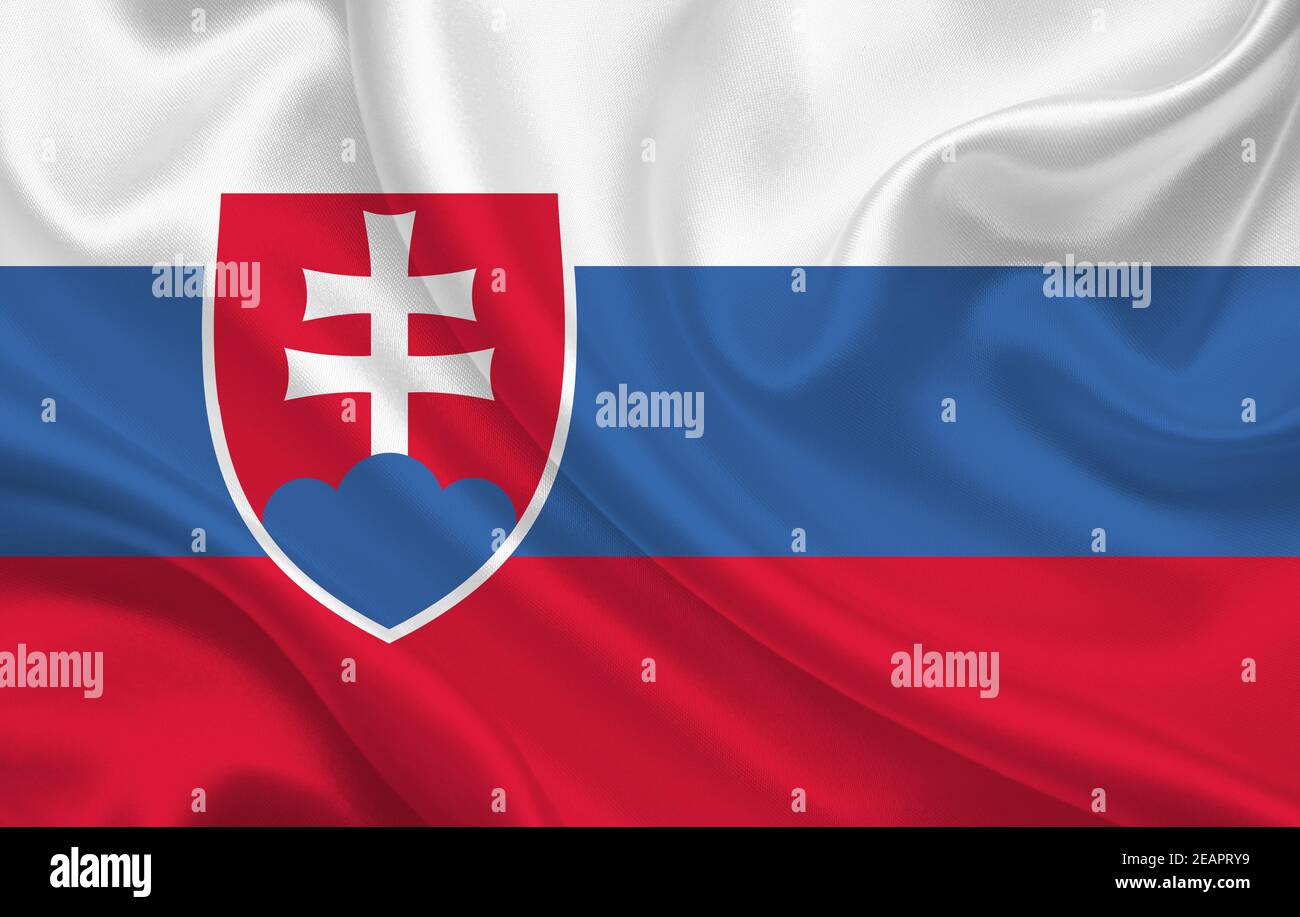 Slowakei Land Flagge auf gewelltem Seidenstoff Panorama Hintergrund Stockfoto