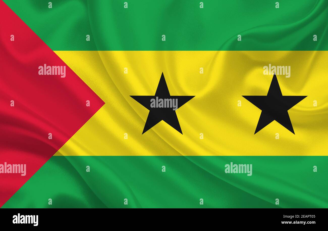 Flagge des Landes Sao Tome und Principe auf Ein Hintergrund von gewelltem Seidenstoff Panorama Stockfoto
