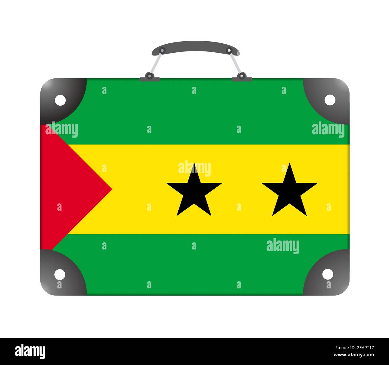 Sao Tome und Principe Flagge in Form einer Reisekoffer auf weißem Hintergrund Stockfoto
