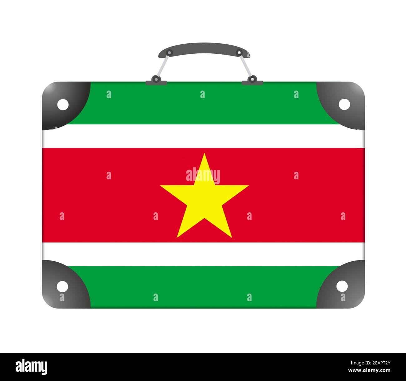 Suriname Landesflagge in Form eines Reisekoffers Auf weißem Hintergrund Stockfoto