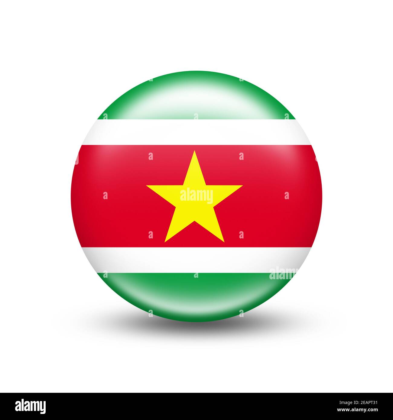 Suriname Landflagge in Kugel mit weißem Schatten Stockfoto