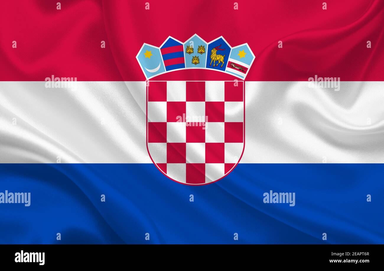 Kroatien Landesflagge auf gewelltem Seidenstoff Hintergrund Panorama Stockfoto