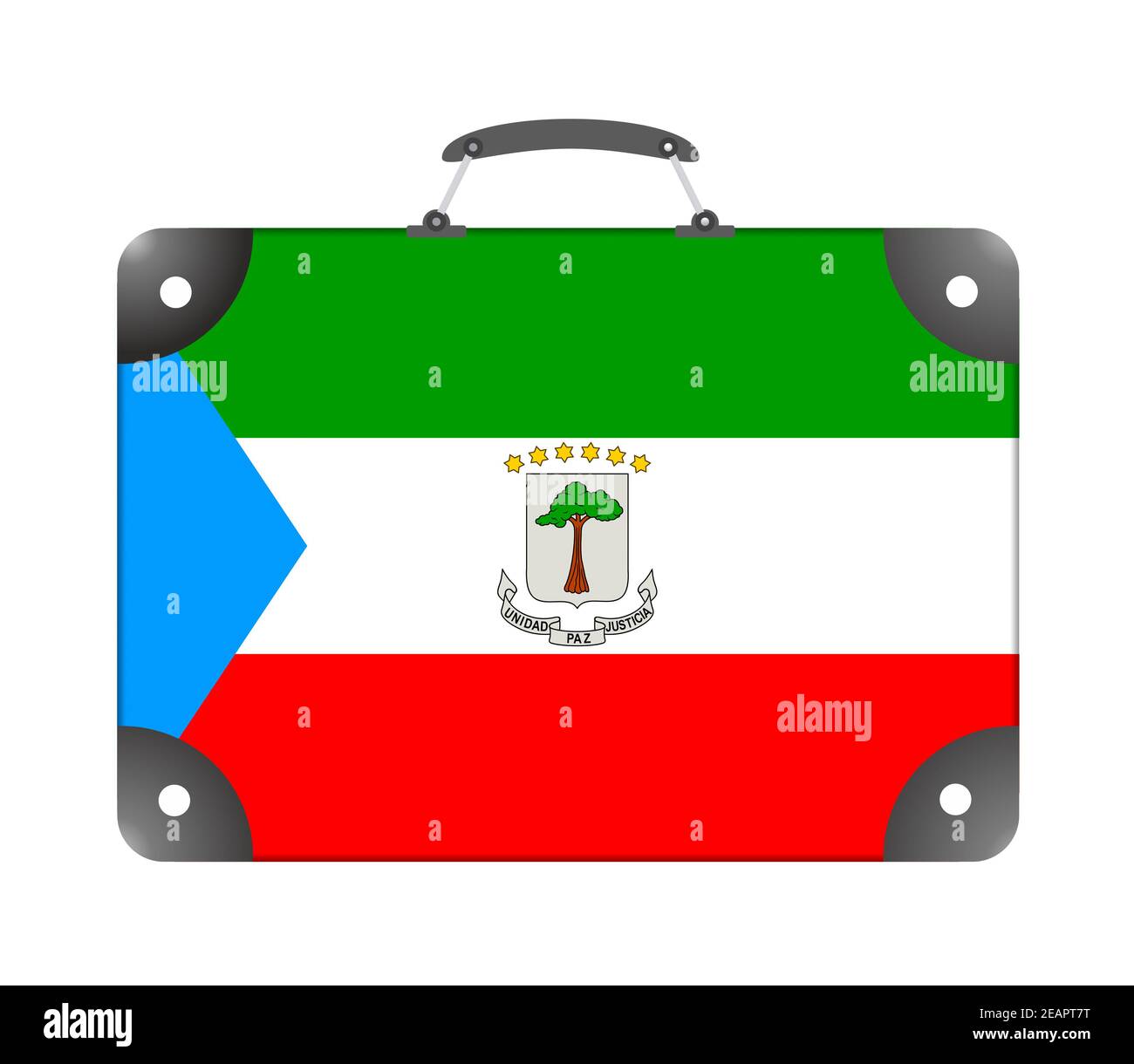 Äquatorialguinea Flagge in Form eines Koffers für Reise auf weißem Hintergrund Stockfoto