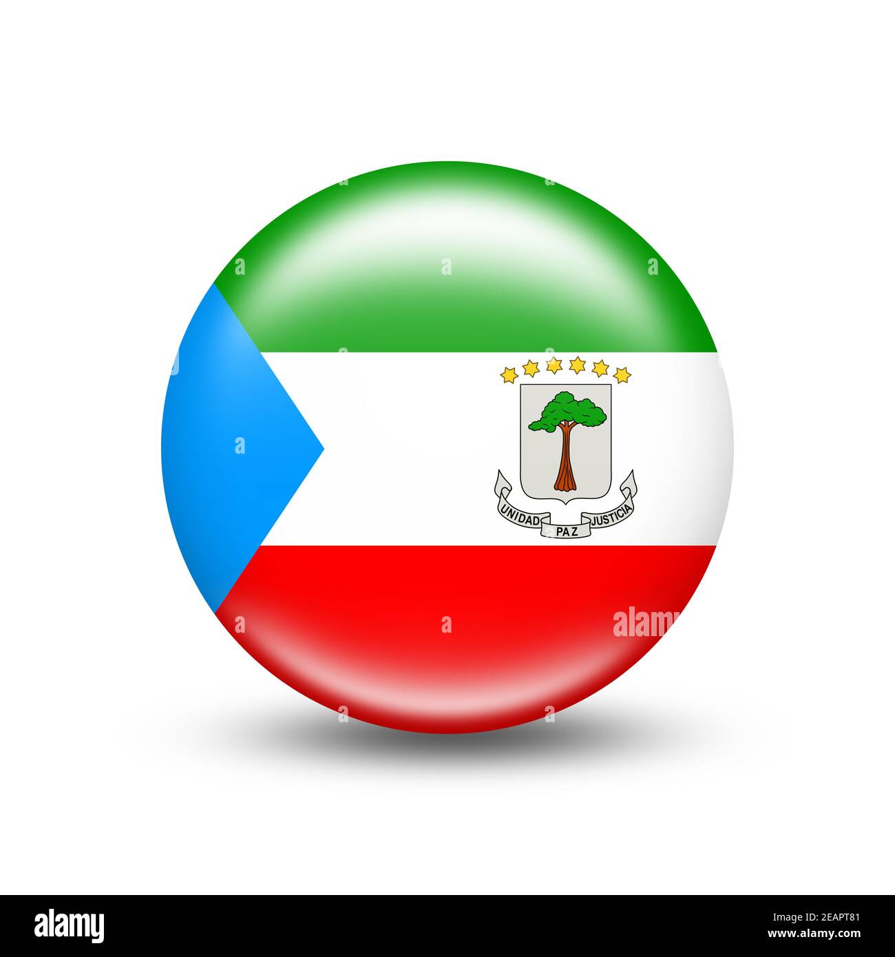 Äquatorialguinea Landesflagge in Kugel mit weißem Schatten Stockfoto