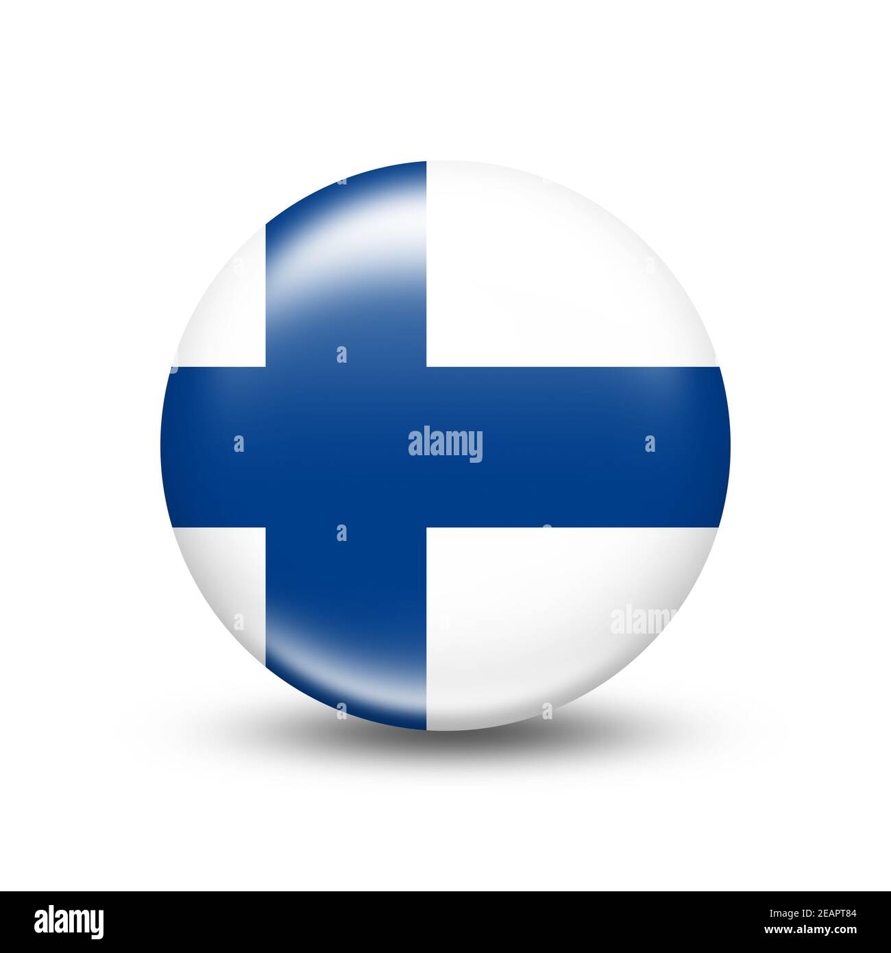 Finnland-Landesflagge in Kugel mit weißem Schatten Stockfoto