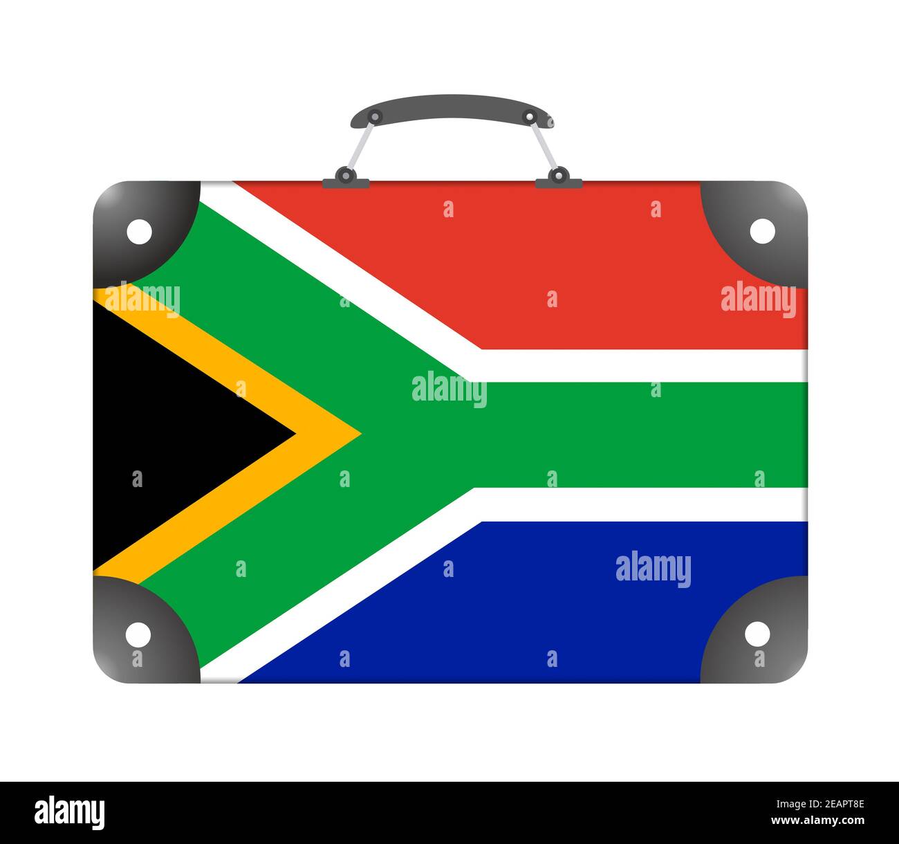 Südafrika Flagge als Reisekoffer isoliert auf weißem Hintergrund Stockfoto