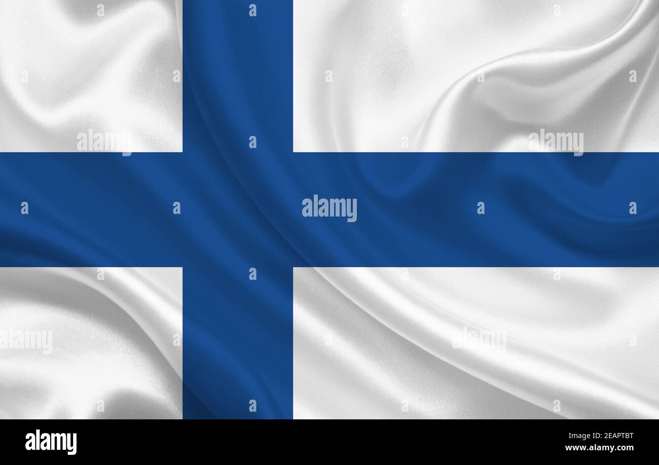 Finnland Land Flagge auf gewelltem Seidenstoff Hintergrund Panorama Stockfoto
