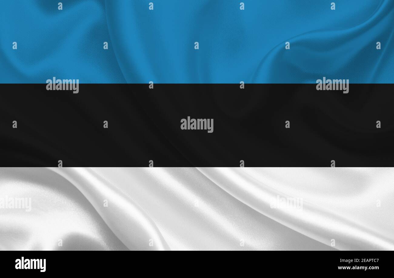Estland Land Flagge auf gewelltem Seidenstoff Hintergrund Panorama Stockfoto