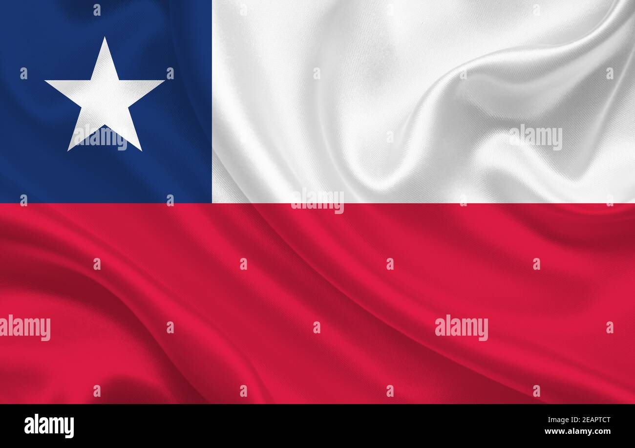 Flagge von Chile Land auf gewelltem Seidenstoff Hintergrund Panorama Stockfoto