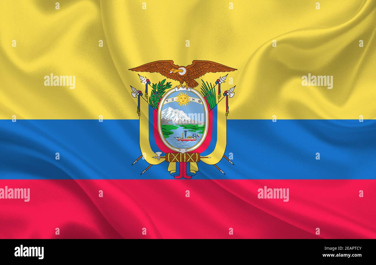 Ecuador Land Flagge auf gewelltem Seidenstoff Hintergrund Panorama Stockfoto
