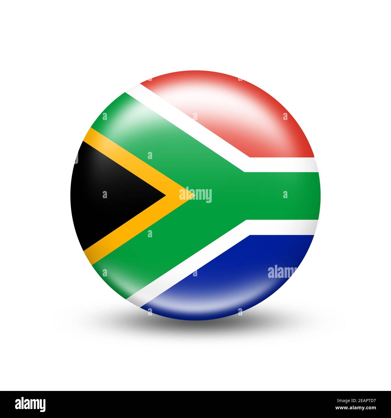 Südafrikanische Landesflagge in Kugel mit weißem Schatten Stockfoto