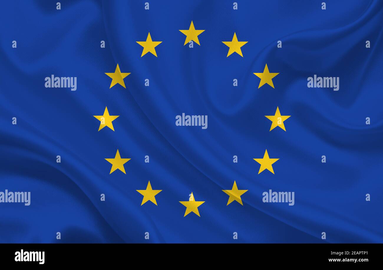 EU-Länderflagge auf gewelltem Seidenstoff-Hintergrund-Panorama Stockfoto